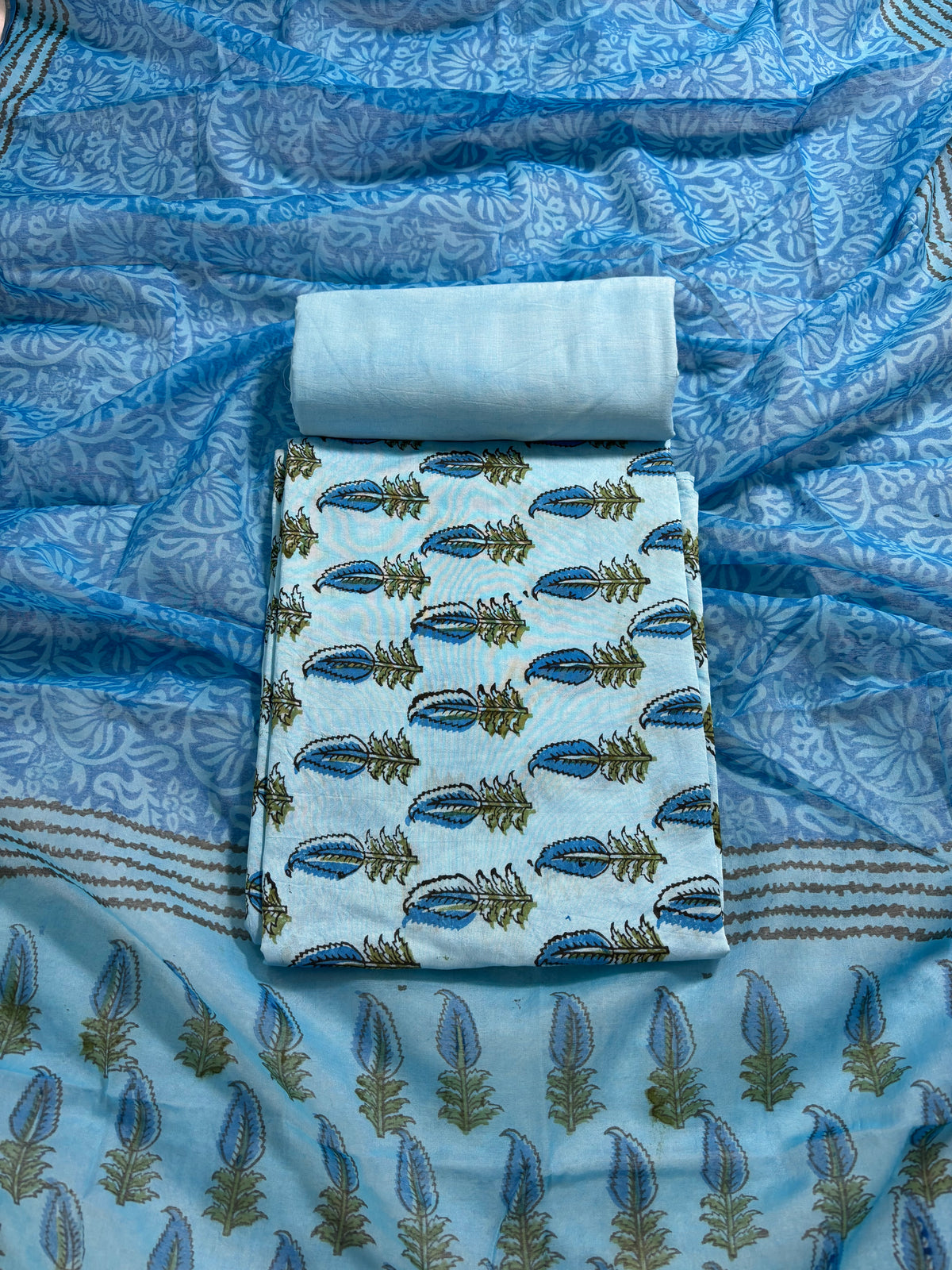 Handblock blue chanderi silk suit