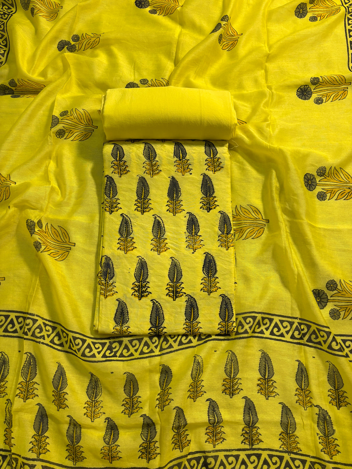 Handblock yellow chanderi silk suit