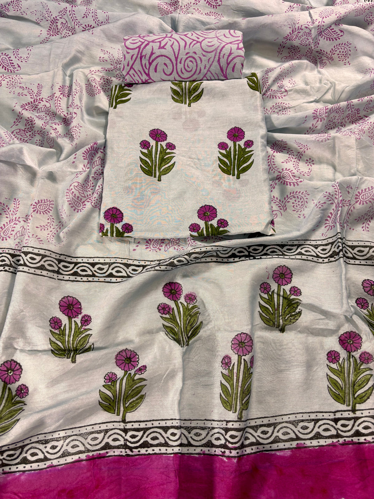 Handblock chanderi grey suit with Mughal boota
