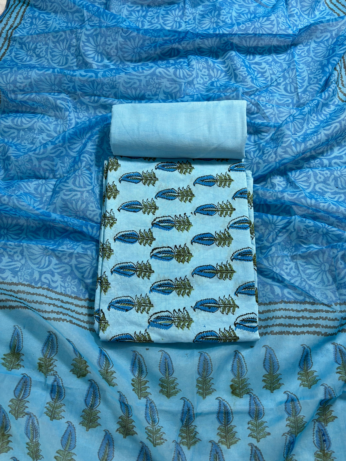 Handblock blue chanderi silk suit