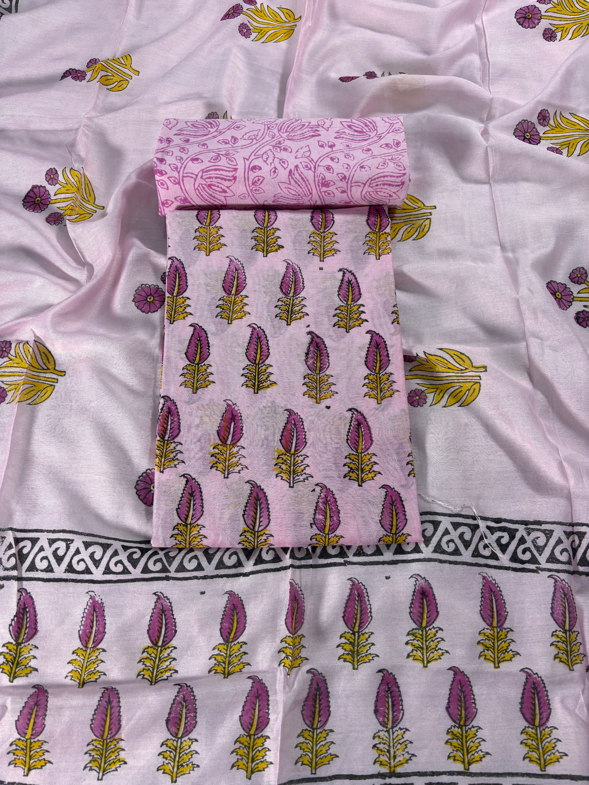 Handblock  pink chanderi silk  suit