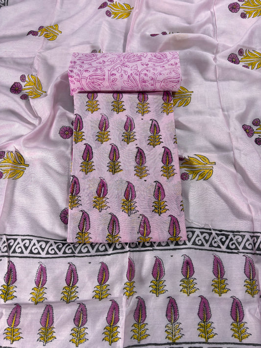 Handblock  pink chanderi silk  suit
