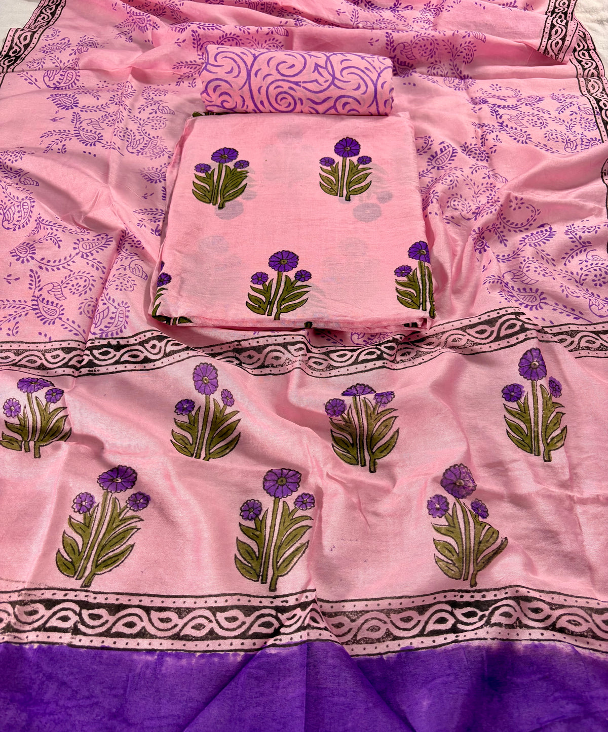 Chanderi silk Handblock baby pink suit with Mughal boota