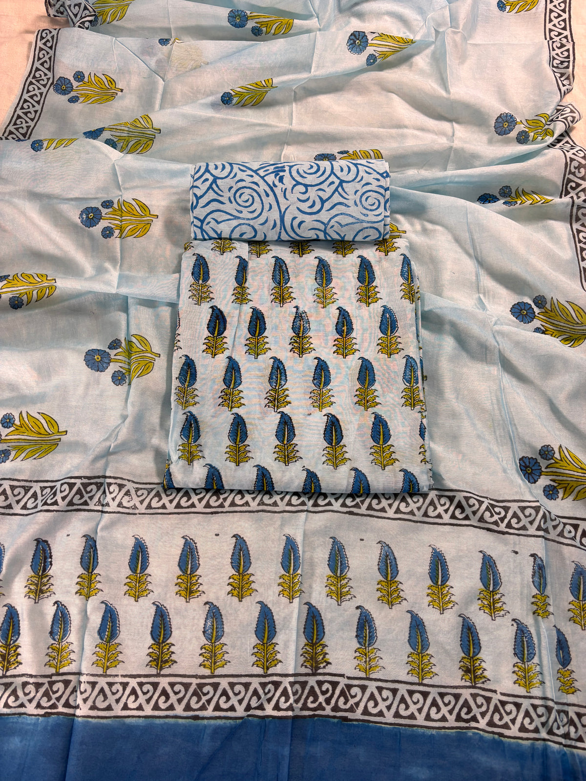 Handblock blue chanderi silk suit