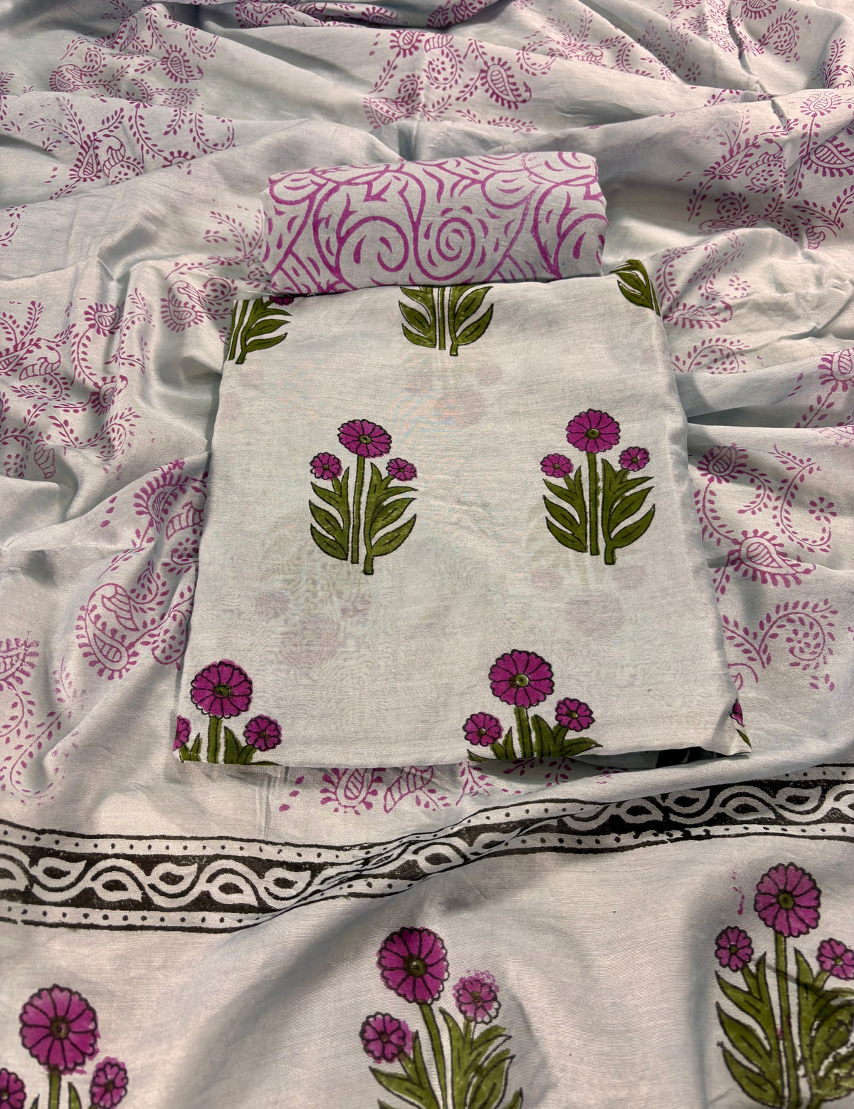 Handblock chanderi grey suit with Mughal boota