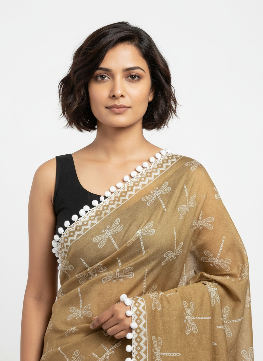 Olive Green Pure Mul Cotton Saree with Dragonfly Print & Pompom Border