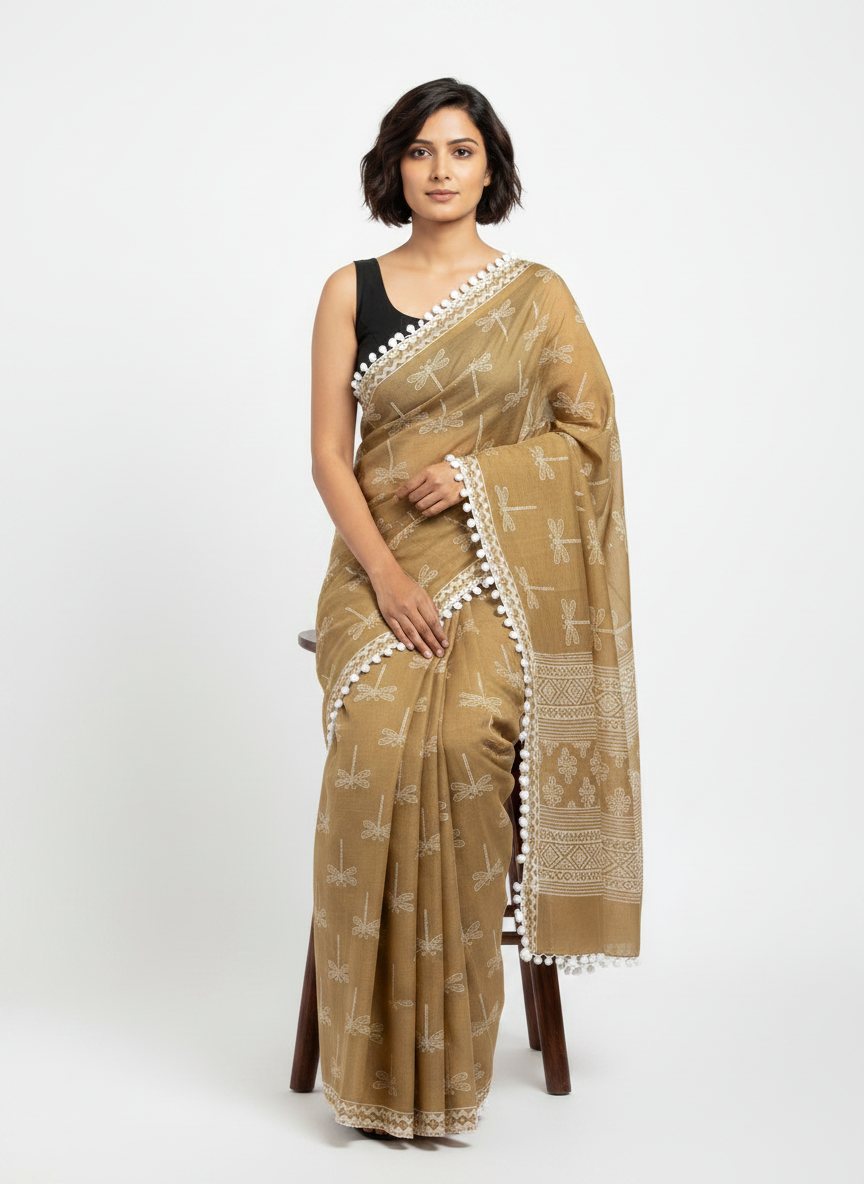 Olive Green Pure Mul Cotton Saree with Dragonfly Print & Pompom Border