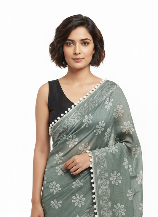 Grey-Green Pure Mul Cotton Saree with Floral Print & Pompom Border