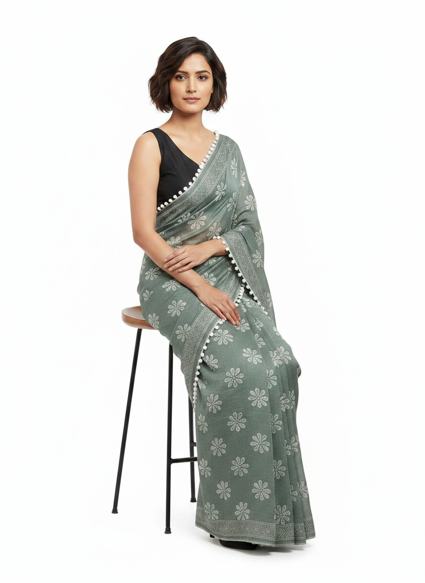 Grey-Green Pure Mul Cotton Saree with Floral Print & Pompom Border