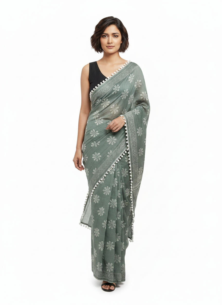 Grey-Green Pure Mul Cotton Saree with Floral Print & Pompom Border