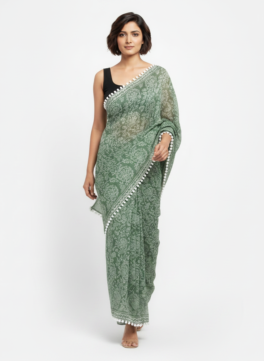 Sage Green Pure Mul Cotton Saree with Floral Print & Pompom Border