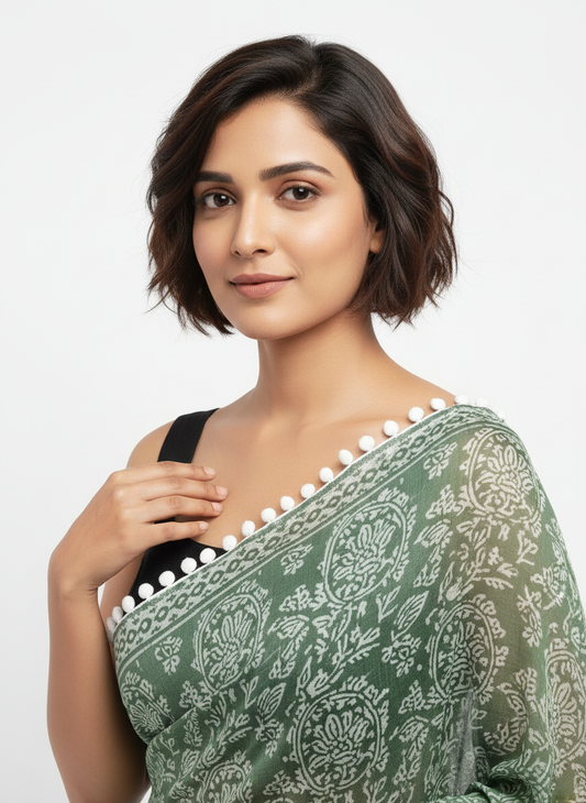 Sage Green Pure Mul Cotton Saree with Floral Print & Pompom Border