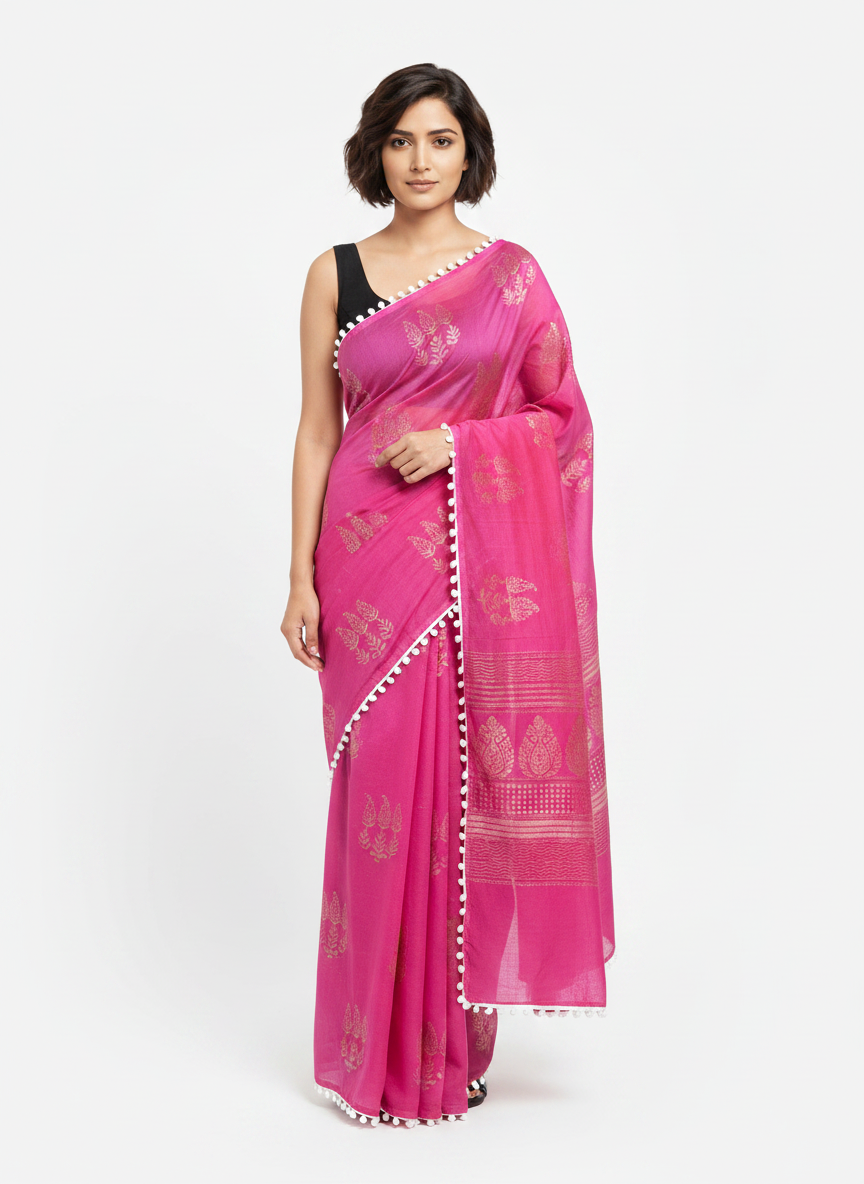 Pink Pure Mul Cotton Saree with Golden Motif Print & Pompom Border