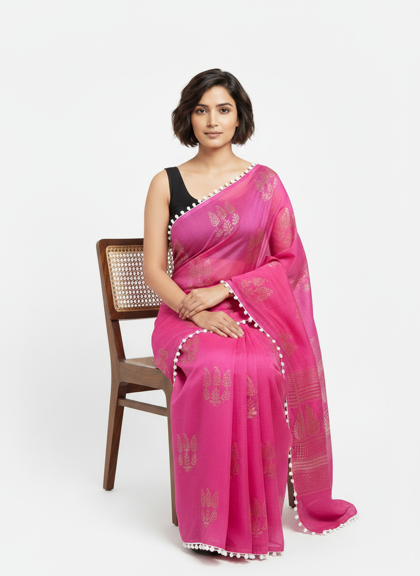 Pink Pure Mul Cotton Saree with Golden Motif Print & Pompom Border
