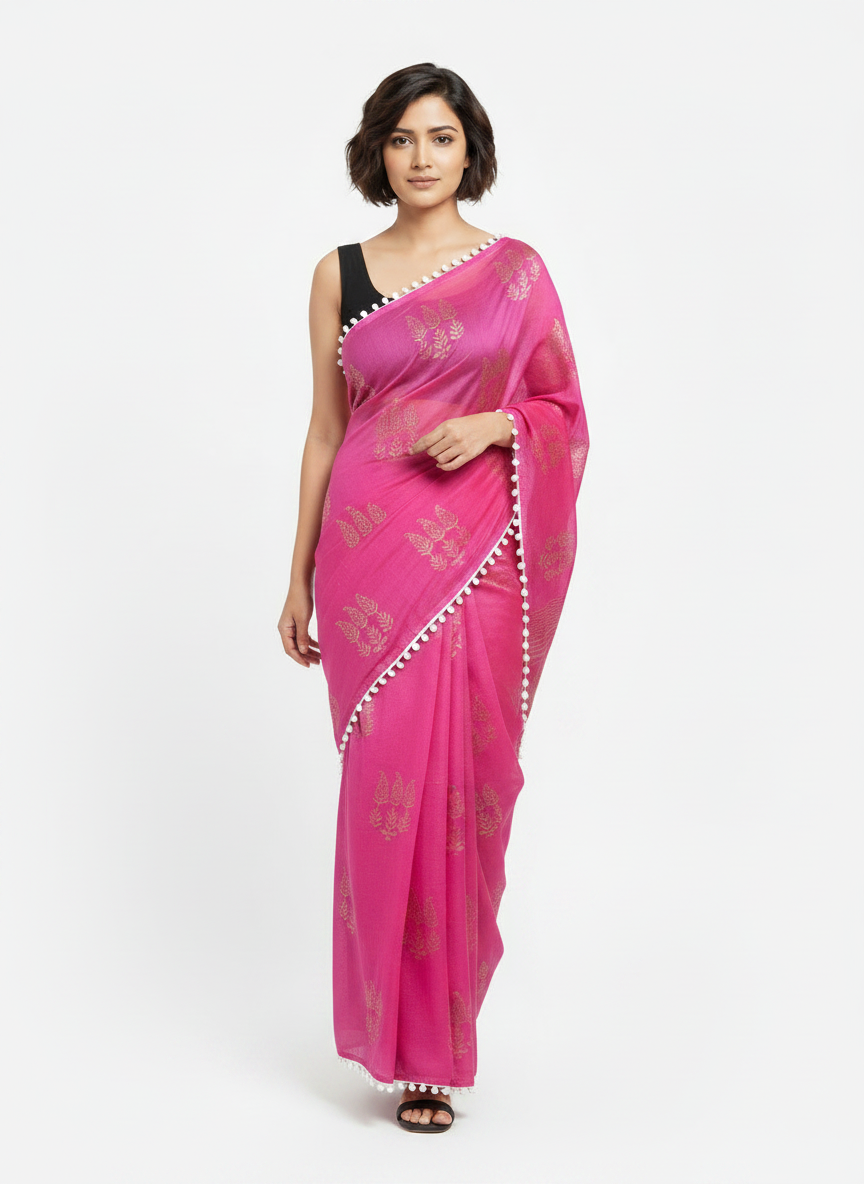 Pink Pure Mul Cotton Saree with Golden Motif Print & Pompom Border