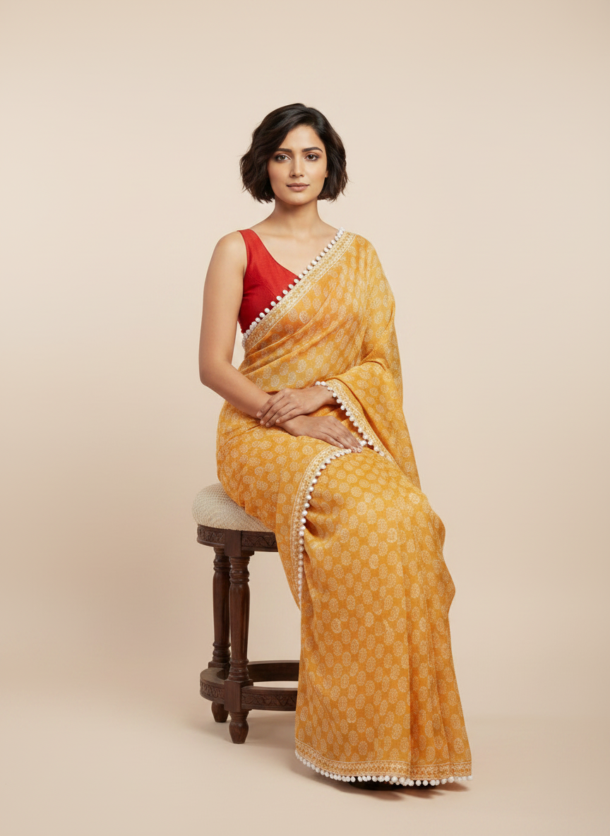 Mustard Yellow Pure Mul Cotton Saree with Bandhani Print & Pompom Border