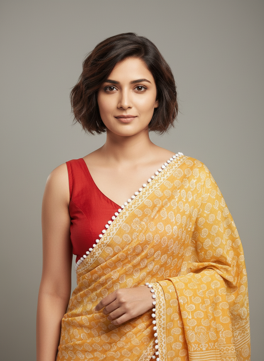 Mustard Yellow Pure Mul Cotton Saree with Bandhani Print & Pompom Border
