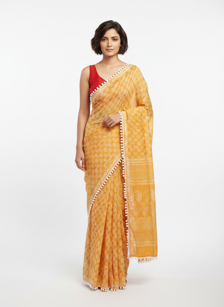Mustard Yellow Pure Mul Cotton Saree with Bandhani Print & Pompom Border