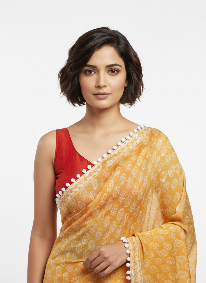 Mustard Yellow Pure Mul Cotton Saree with Bandhani Print & Pompom Border