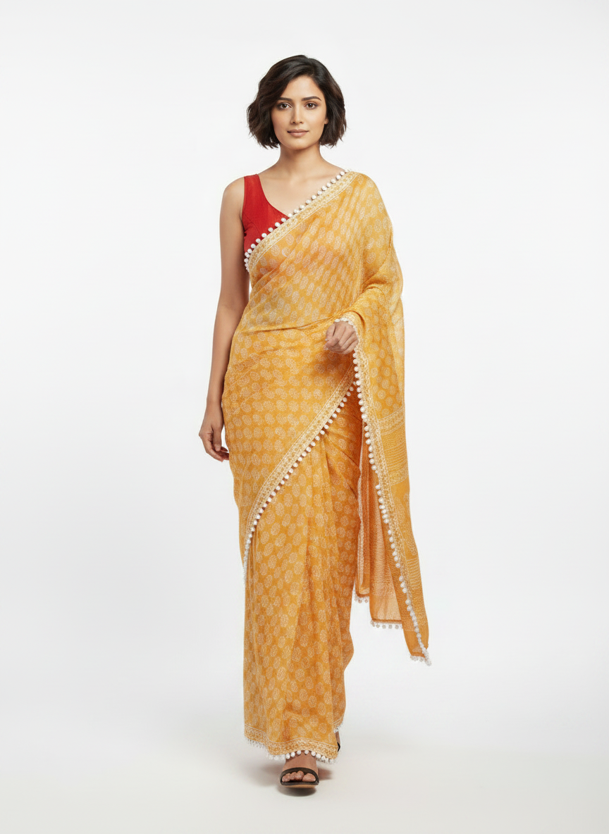 Mustard Yellow Pure Mul Cotton Saree with Bandhani Print & Pompom Border