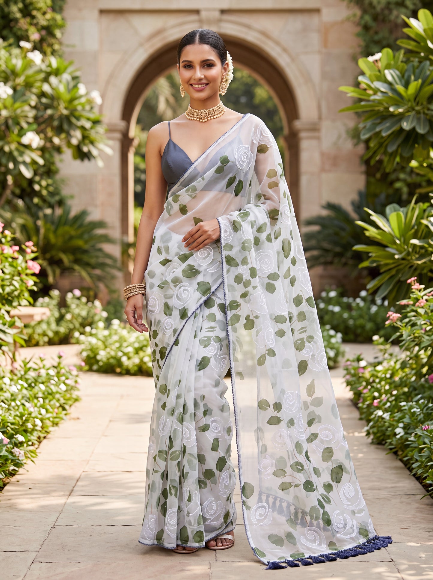 Ivory Hand-Painted Organza Saree with White Rose & Sage Green Leaf Motifs