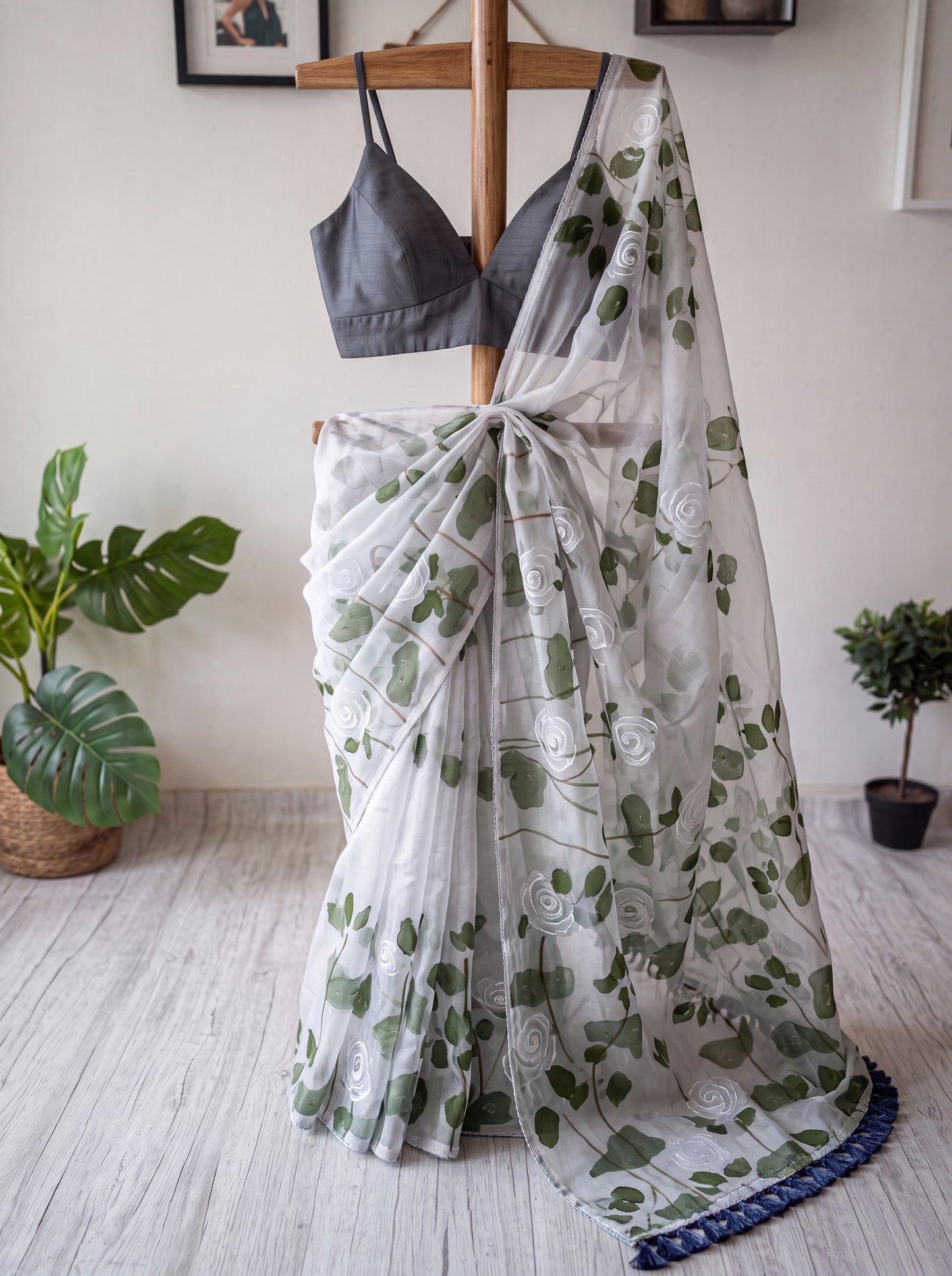Ivory Hand-Painted Organza Saree with White Rose & Sage Green Leaf Motifs