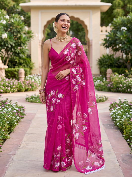 Magenta Pink Hand-Painted Organza Saree with Lotus Floral Motifs