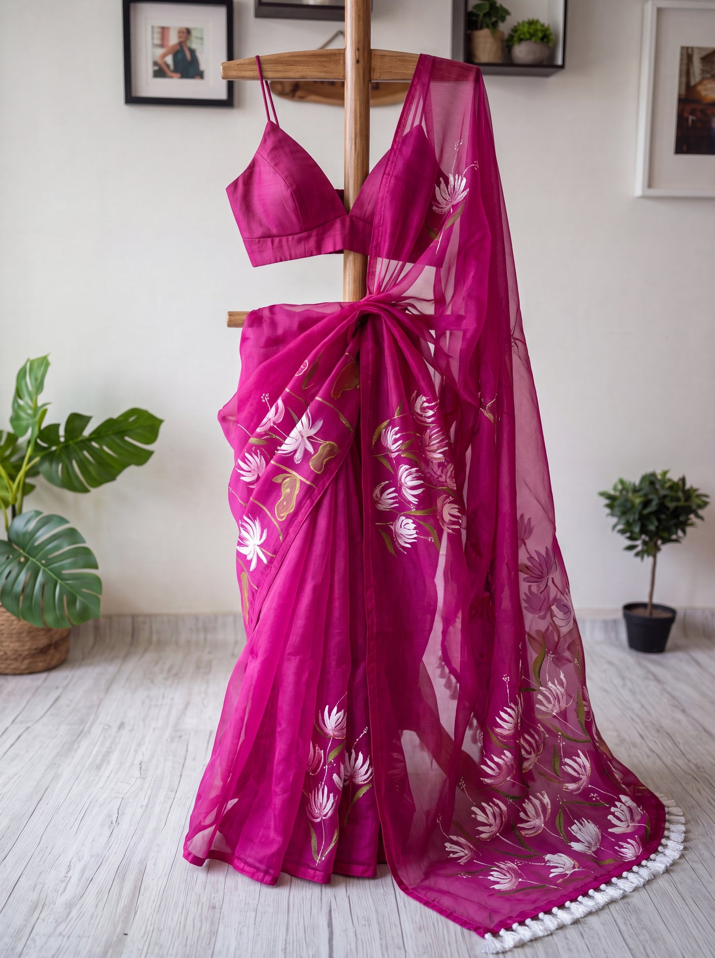 Magenta Pink Hand-Painted Organza Saree with Lotus Floral Motifs