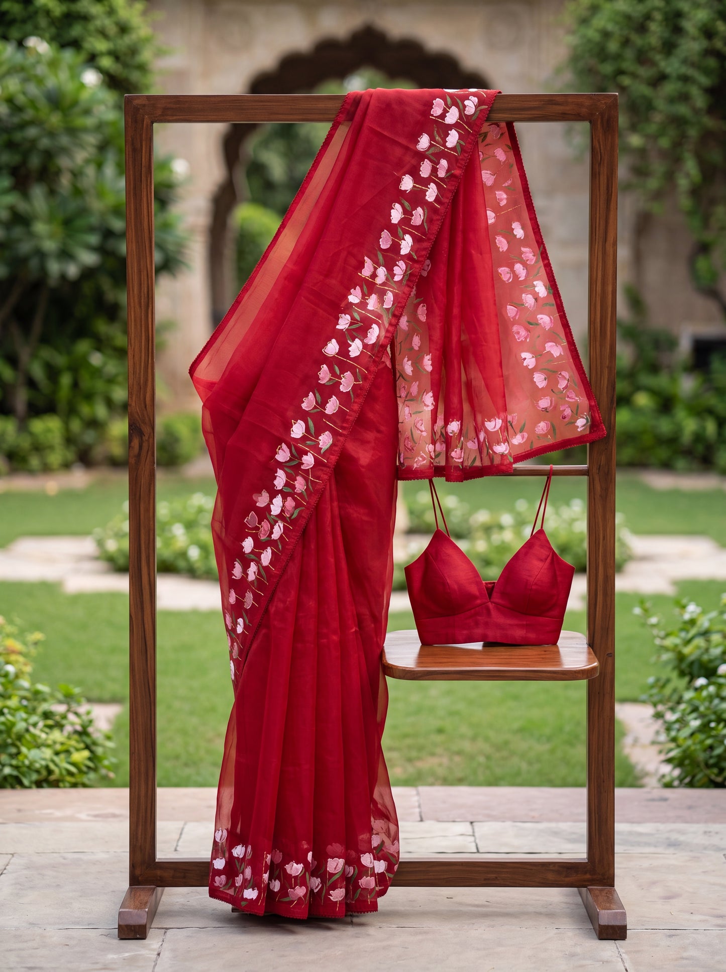 Red Hand-Painted Organza Saree with Pink Rose Border