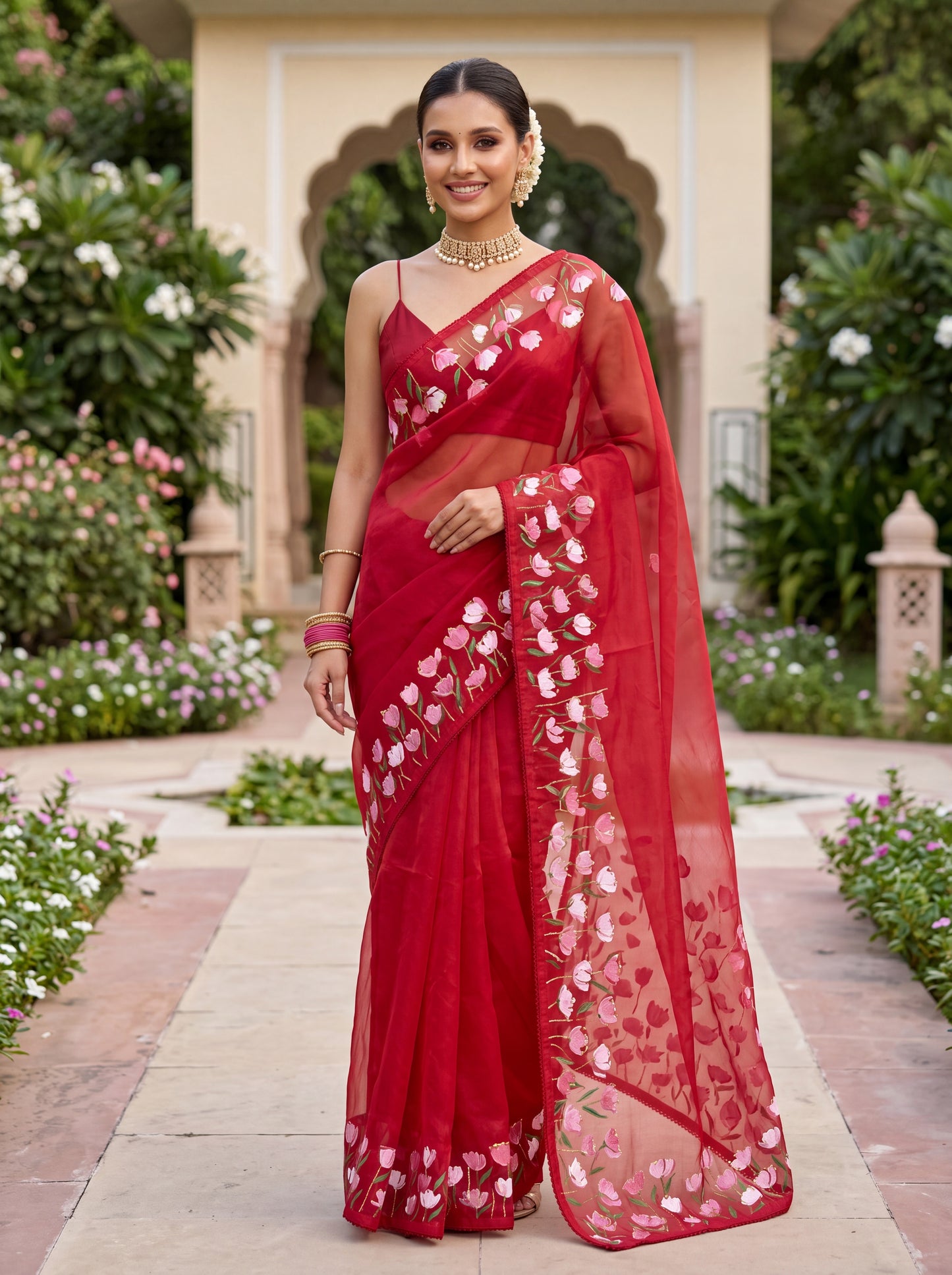 Red Hand-Painted Organza Saree with Pink Rose Border