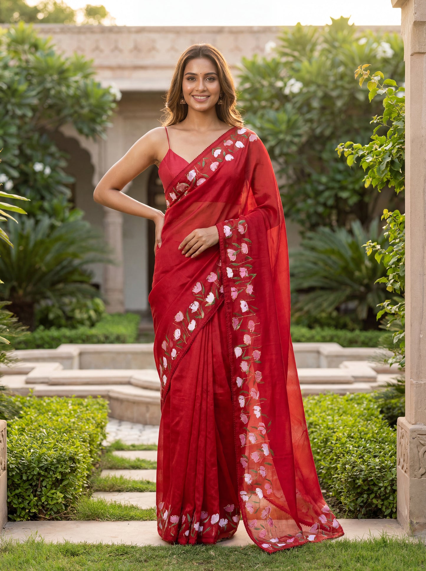 Red Hand-Painted Organza Saree with Pink Rose Border