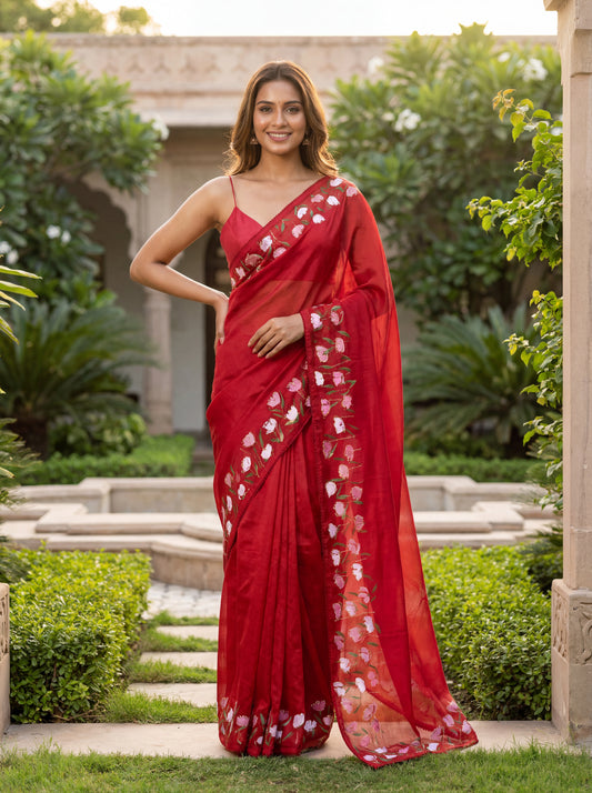 Red Hand-Painted Organza Saree with Pink Rose Border