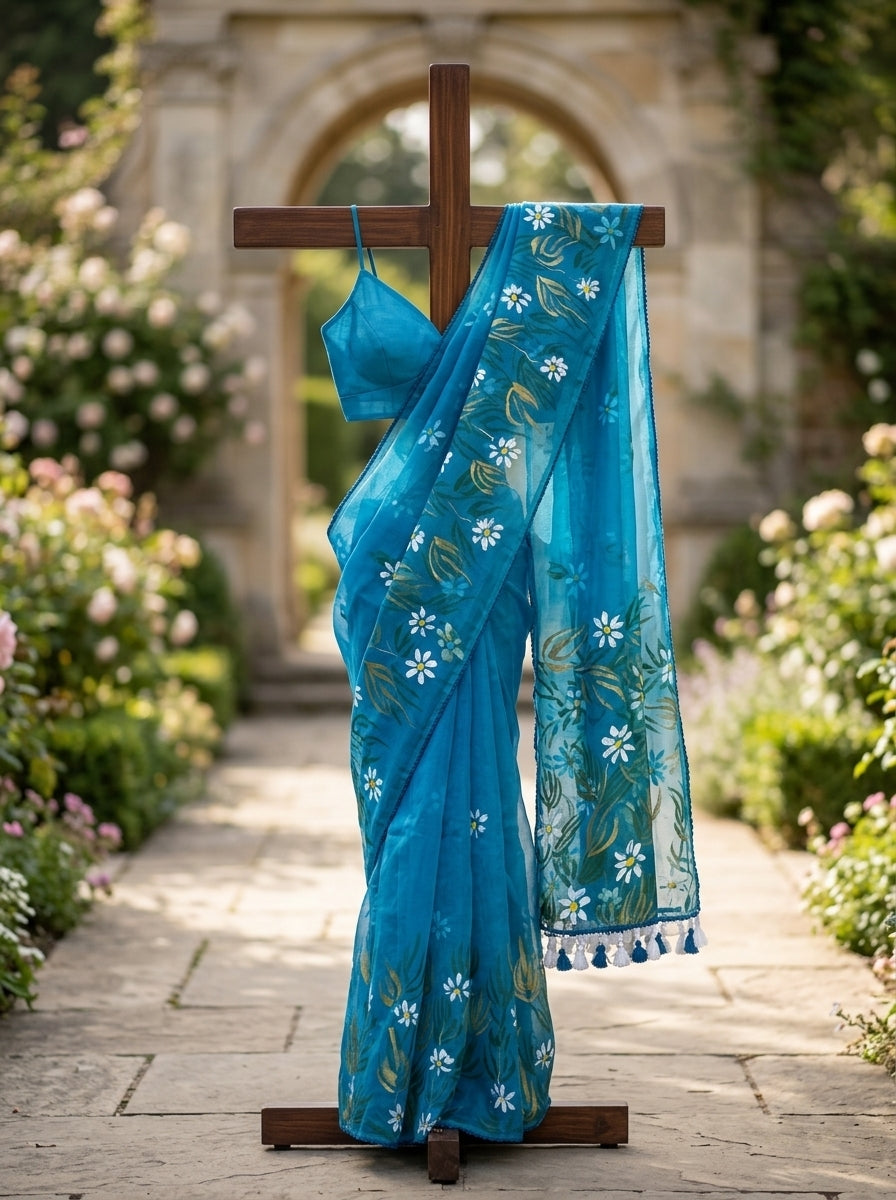 Peacock Blue Hand-Painted Organza Saree with Daisy & Leaf Motifs