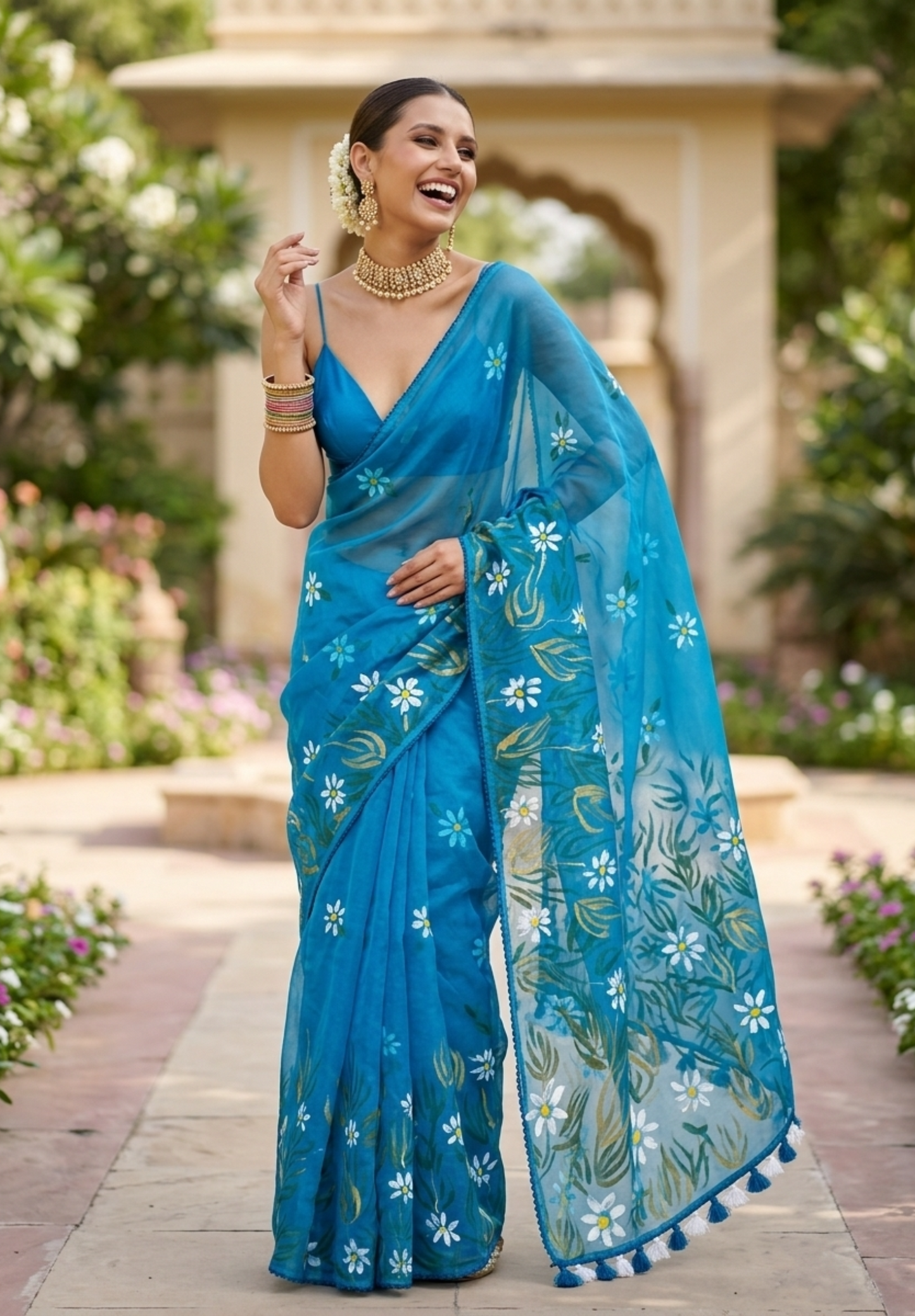 Peacock Blue Hand-Painted Organza Saree with Daisy & Leaf Motifs
