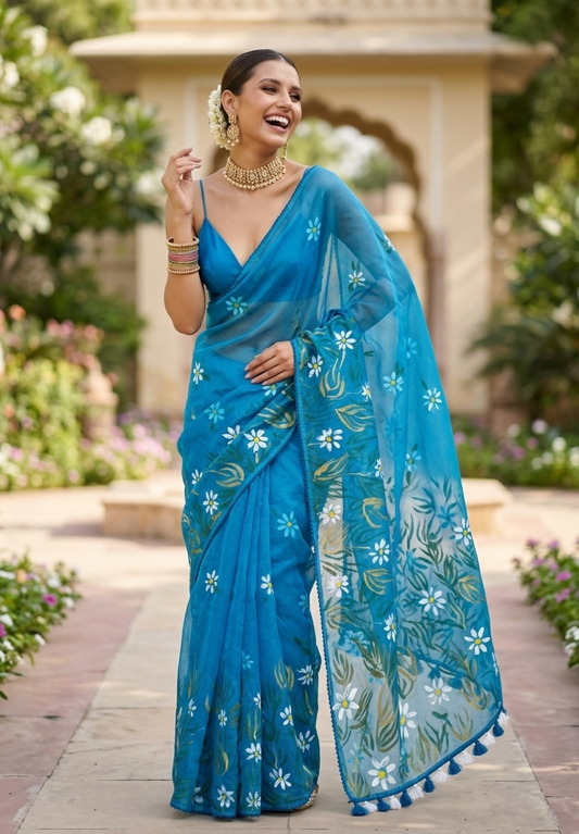 Peacock Blue Hand-Painted Organza Saree with Daisy & Leaf Motifs