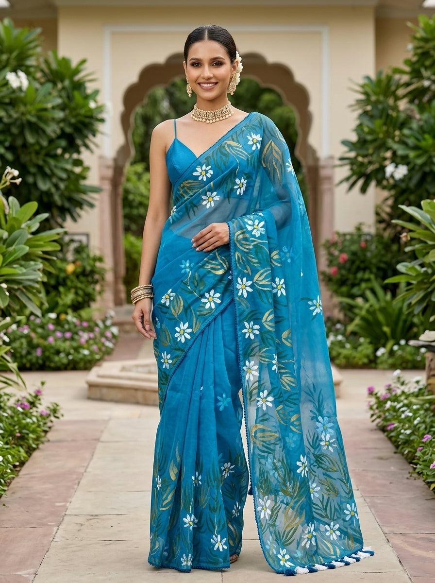 Peacock Blue Hand-Painted Organza Saree with Daisy & Leaf Motifs