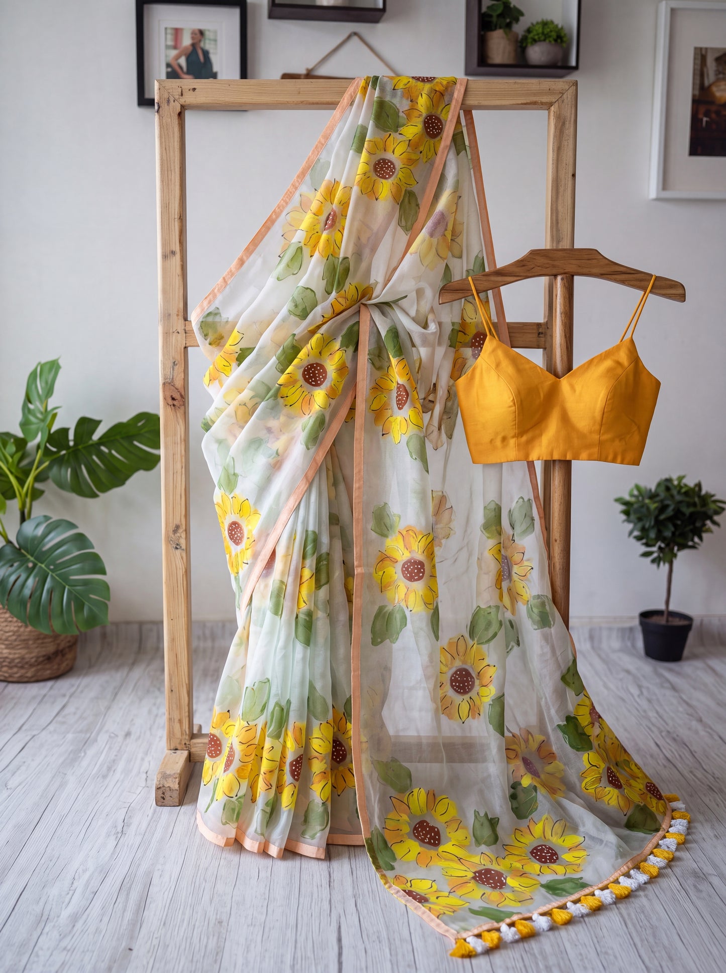 White Hand-Painted Organza Saree with Sunflower Motifs