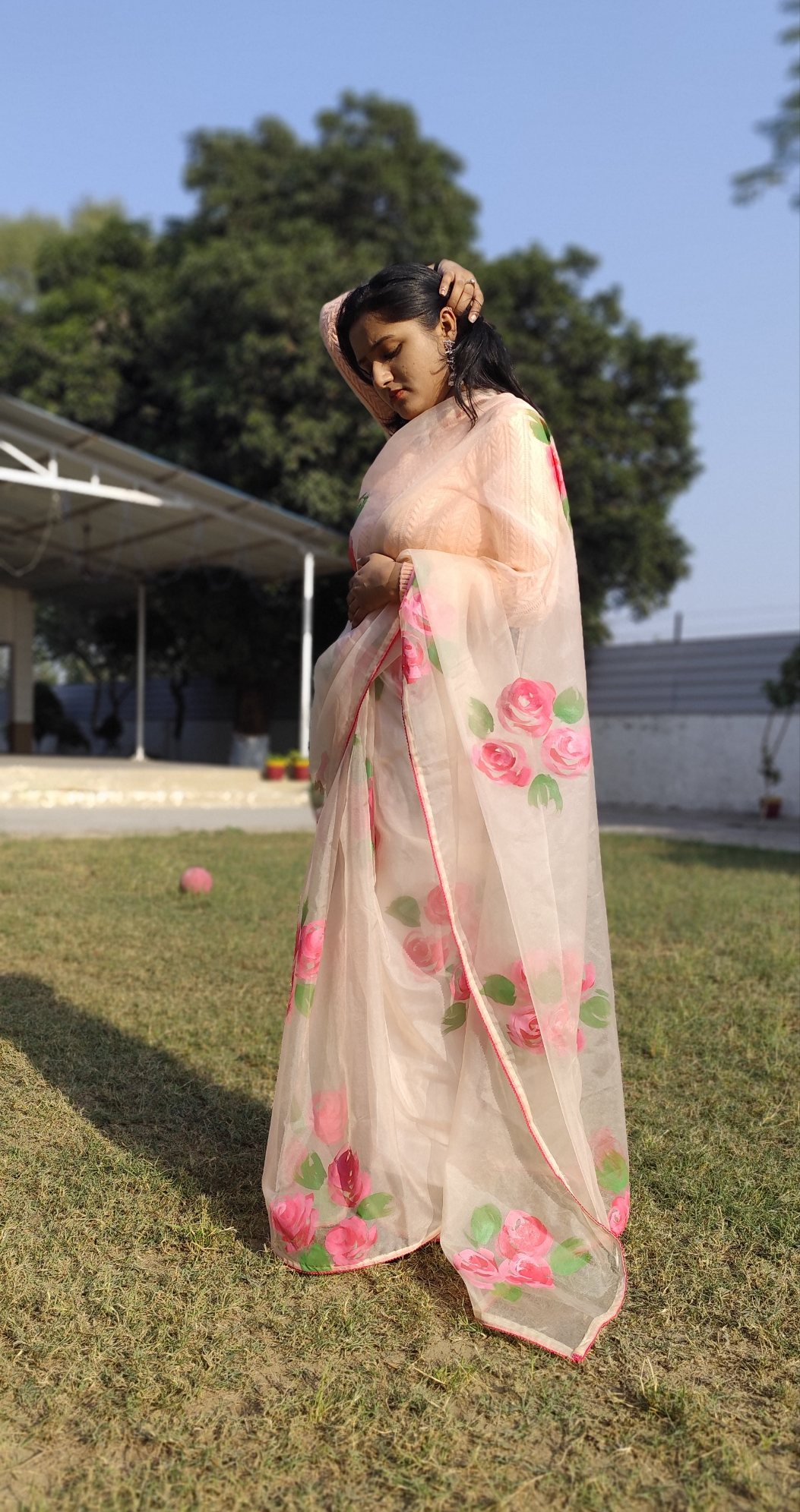 Hand painted  pastel pink roses saree for women