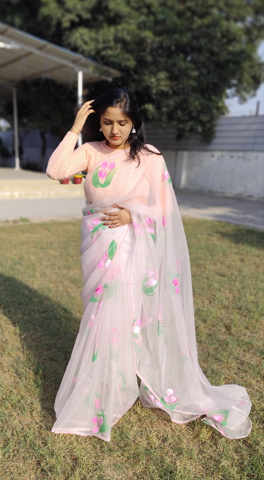 Pastel pink Handpainted  tulips saree for women