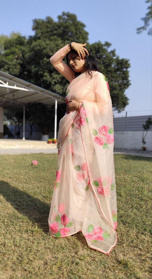 Hand painted  pastel pink roses saree for women