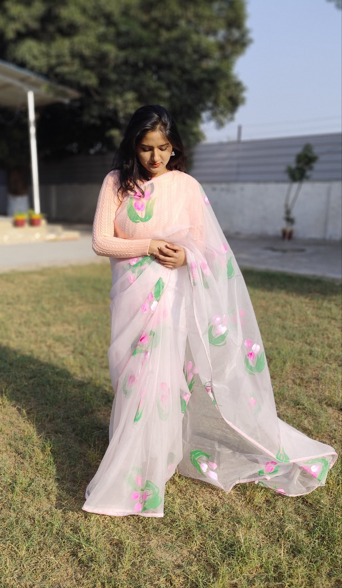 Pastel pink Handpainted  tulips saree for women