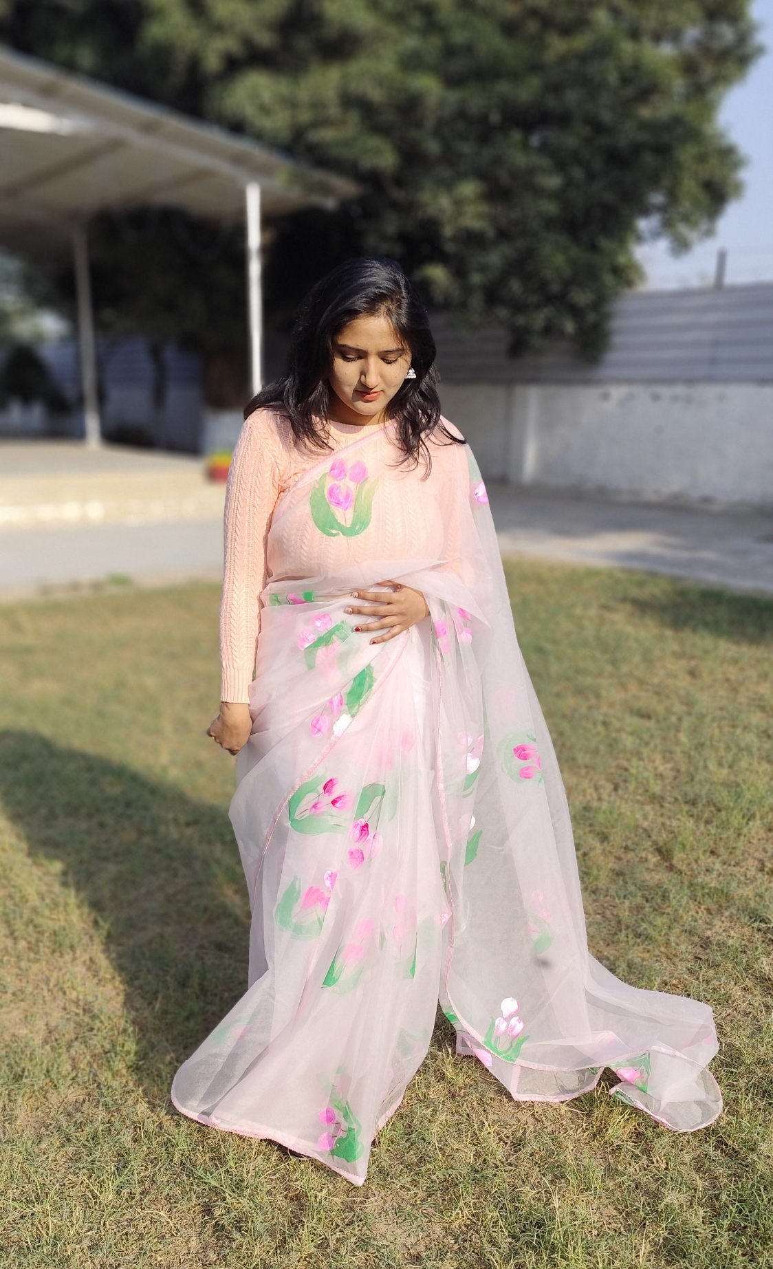 Pastel pink Handpainted  tulips saree for women