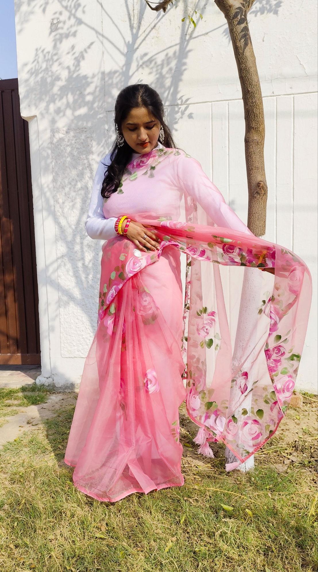 Pink hand painted organza silk saree