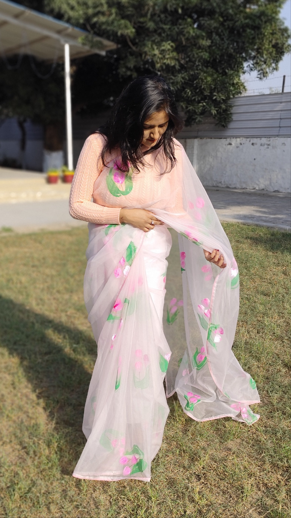 Pastel pink Handpainted  tulips saree for women
