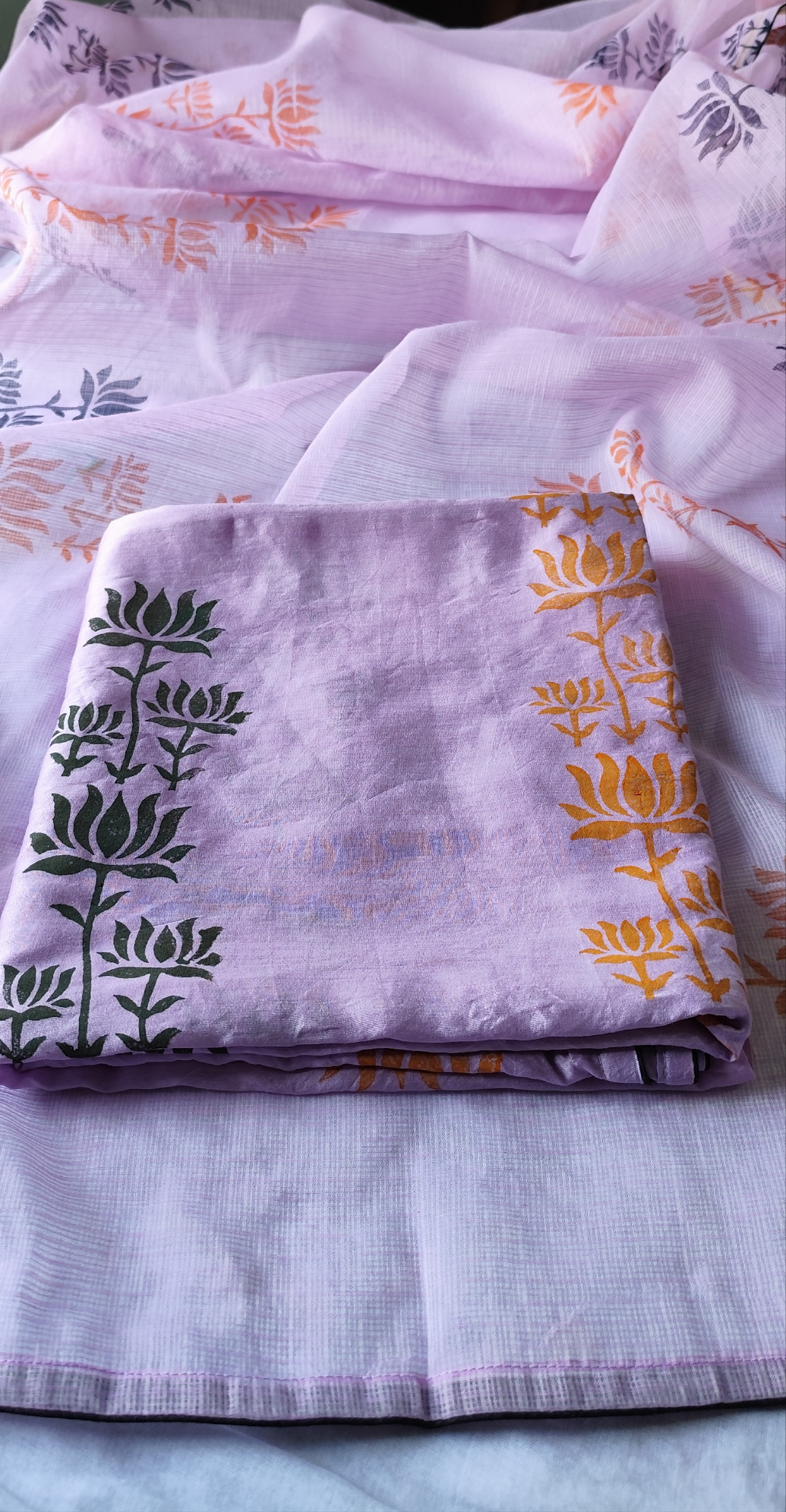 Handblock lilac chanderi silk suit