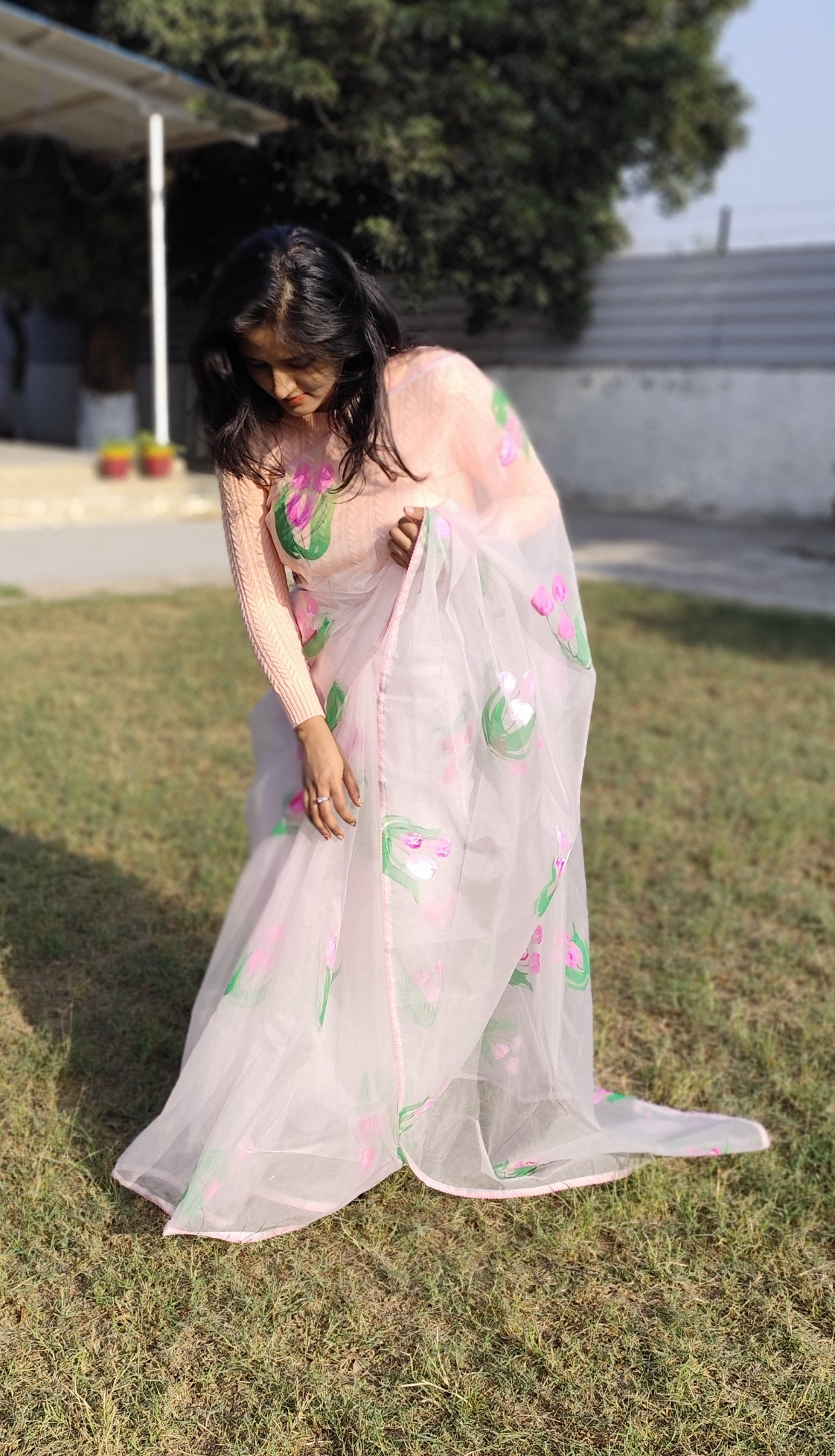Pastel pink Handpainted  tulips saree for women