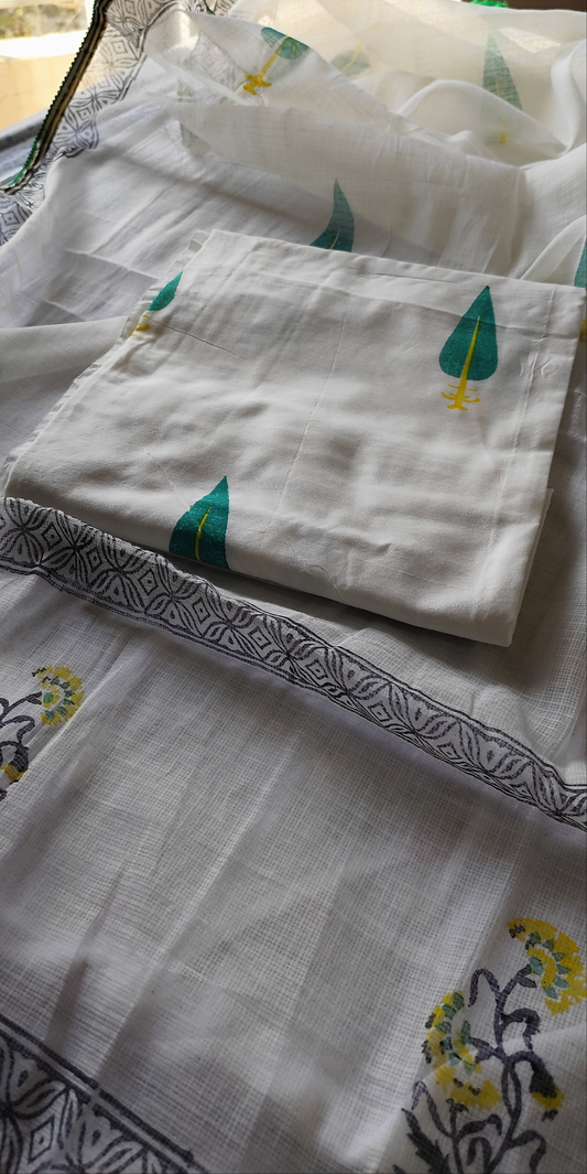 Handblock chanderi silk suit with green leaves