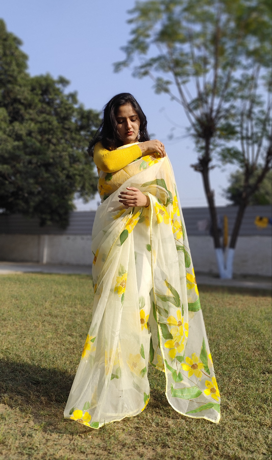 Hand painted white sunflower organza saree