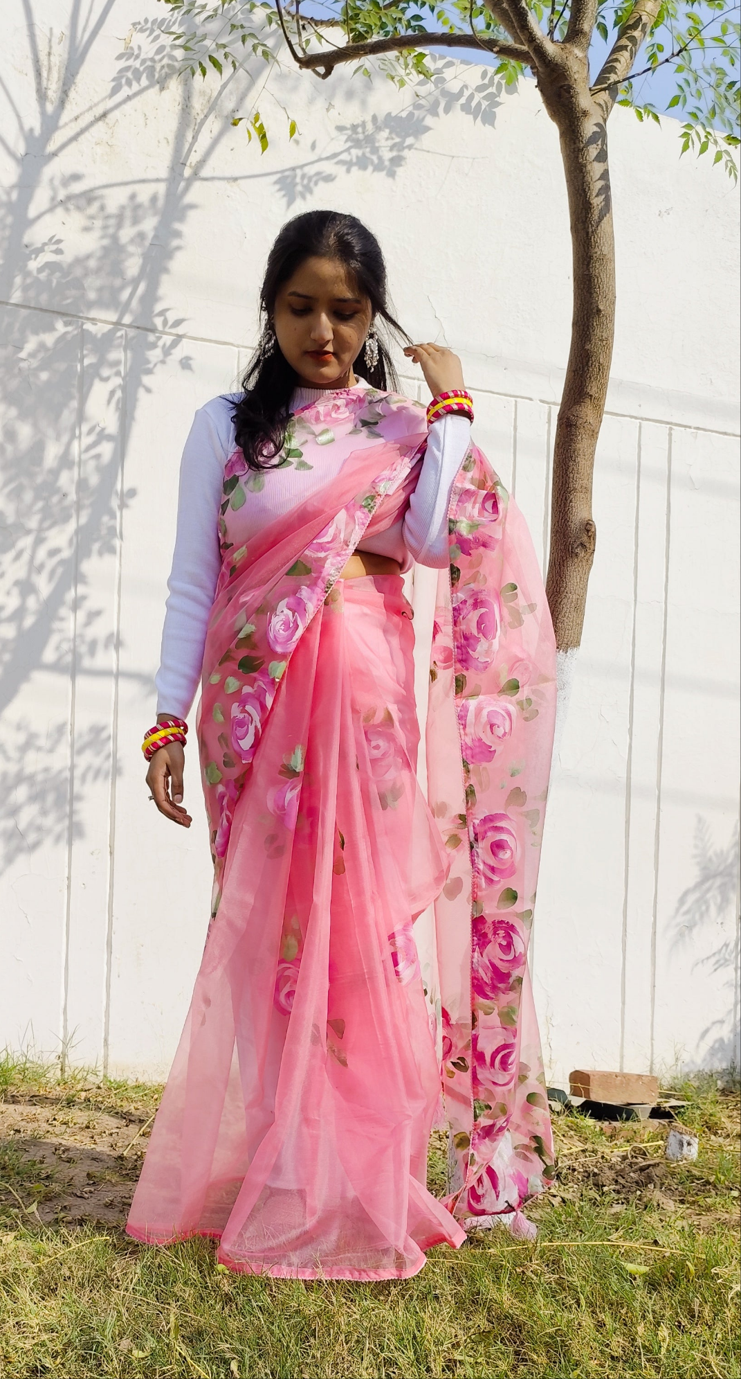 Pink hand painted organza silk saree