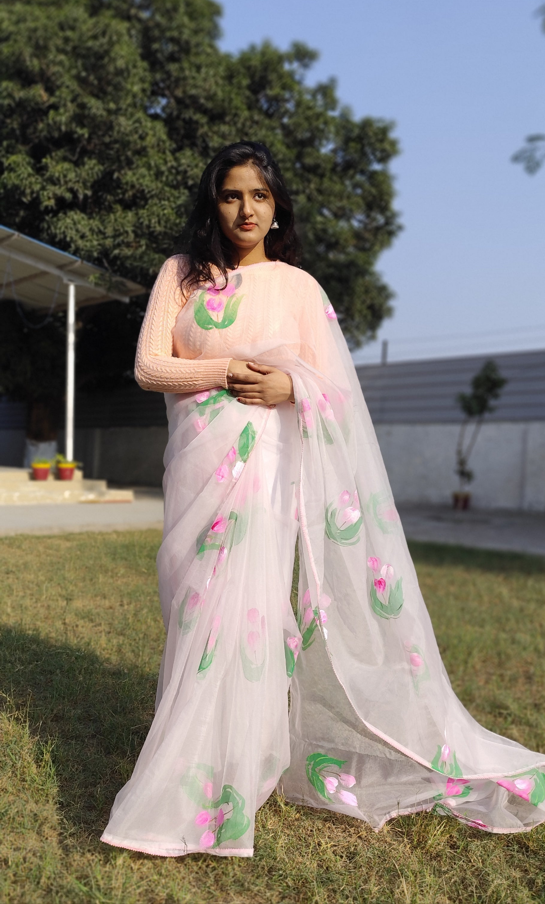 Pastel pink Handpainted  tulips saree for women